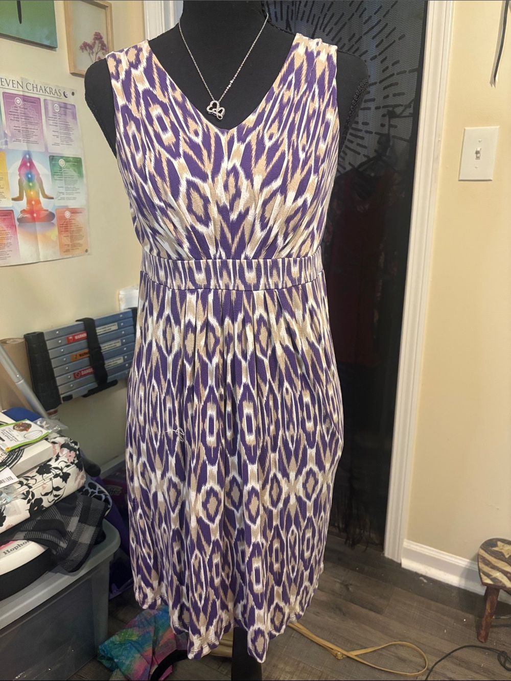 LOFT Purple and Cream Printed Sleeveless V-Neck Dress